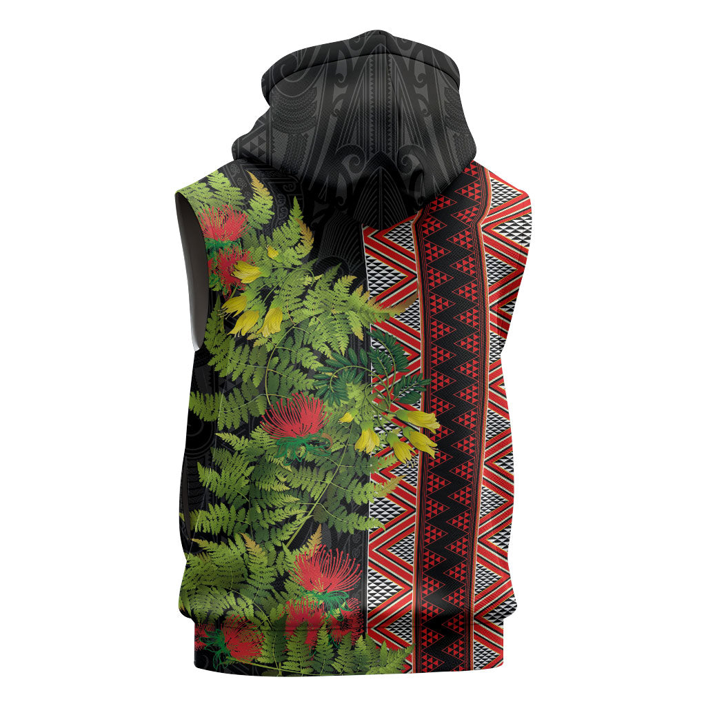Maori Tukutuku Sleeveless Zip Hoodie with Ferns Pohutukawa and Kowhai Tribal Moko Patterns