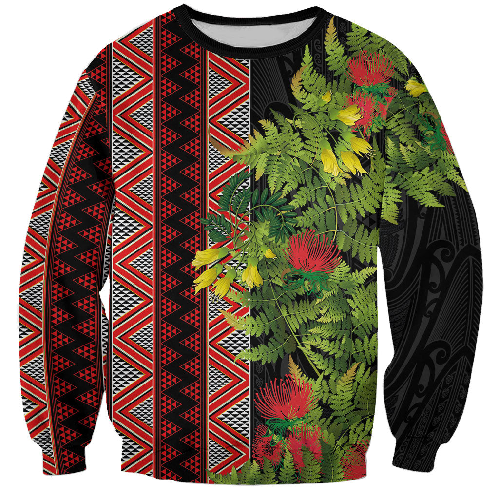 Maori Tukutuku Sweatshirt with Ferns Pohutukawa and Kowhai Tribal Moko Patterns LT03 Unisex Multicolor - Polynesian Pride