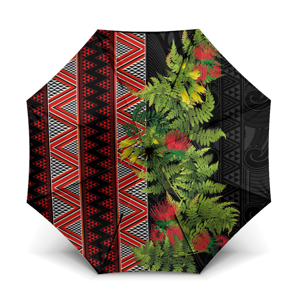 Maori Tukutuku Umbrella with Ferns Pohutukawa and Kowhai Tribal Moko Patterns LT03 One Size Folded 11.42 inch Opened Diameter 37.4 inch Multicolor - Polynesian Pride