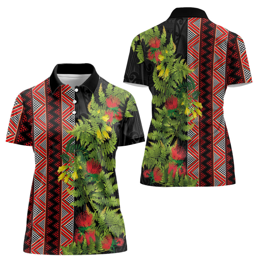 Maori Tukutuku Women Polo Shirt with Ferns Pohutukawa and Kowhai Tribal Moko Patterns