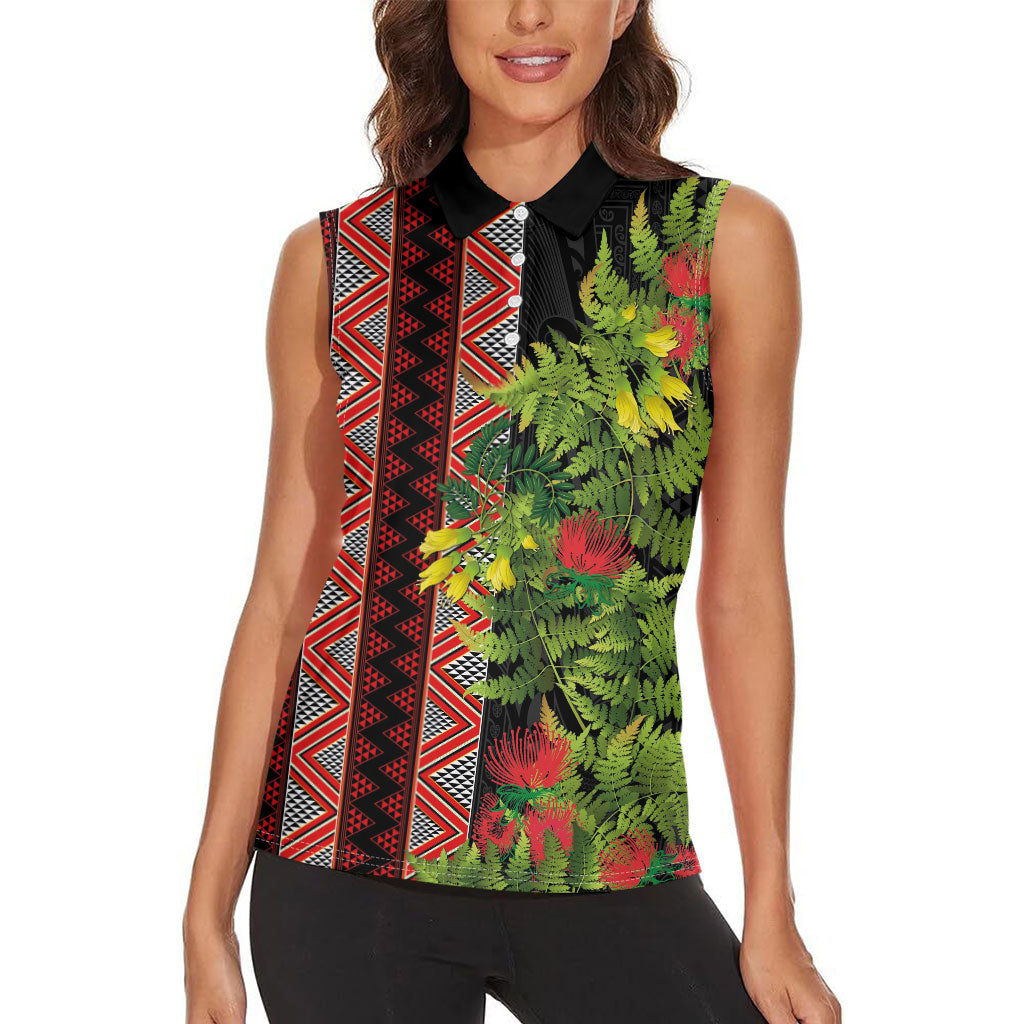 Maori Tukutuku Women Sleeveless Polo Shirt with Ferns Pohutukawa and Kowhai Tribal Moko Patterns