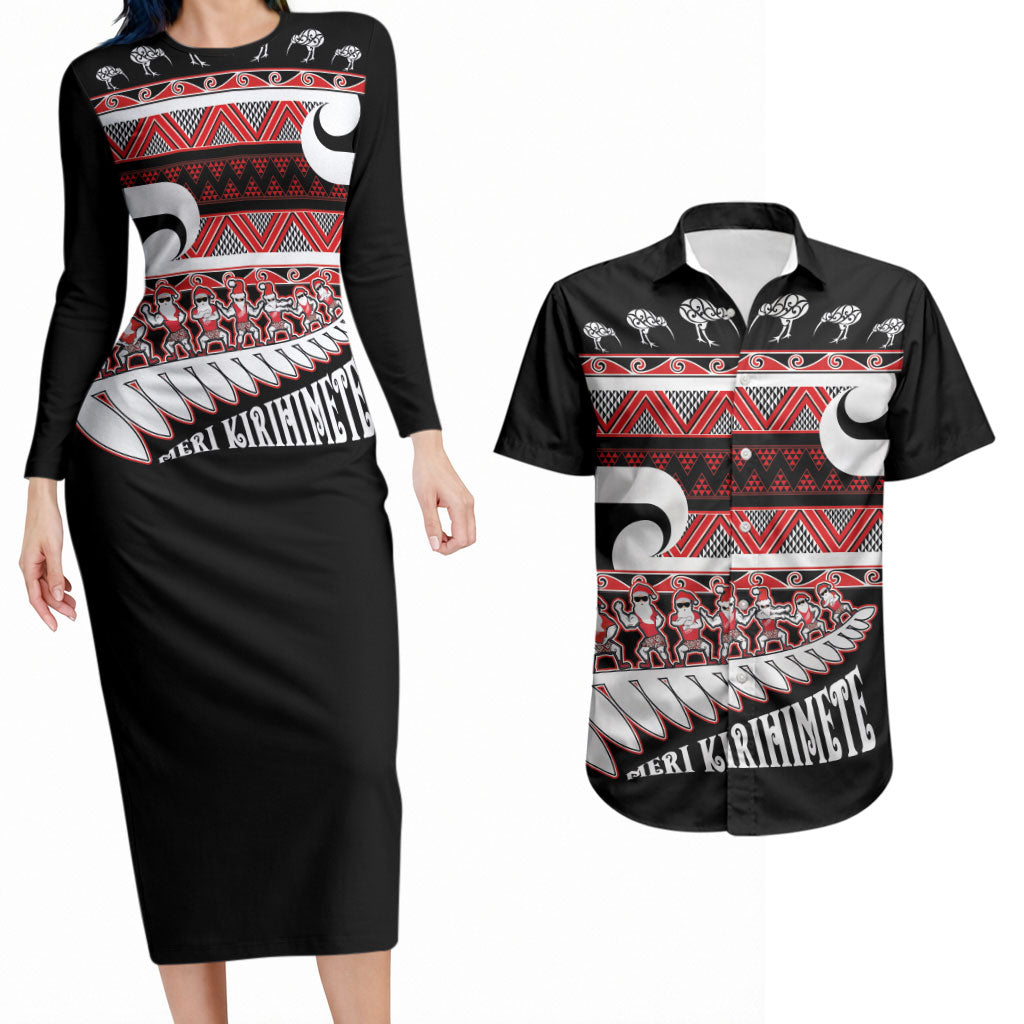 New Zealand Christmas Couples Matching Long Sleeve Bodycon Dress and Hawaiian Shirt Funny Santa Claus Haka Dance with Tukutuku LT03 Multicolor - Polynesian Pride