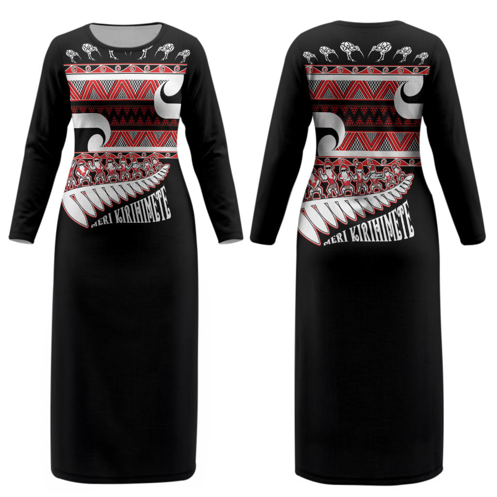 New Zealand Christmas Couples Matching Long Sleeve Bodycon Dress and Hawaiian Shirt Funny Santa Claus Haka Dance with Tukutuku LT03 - Polynesian Pride