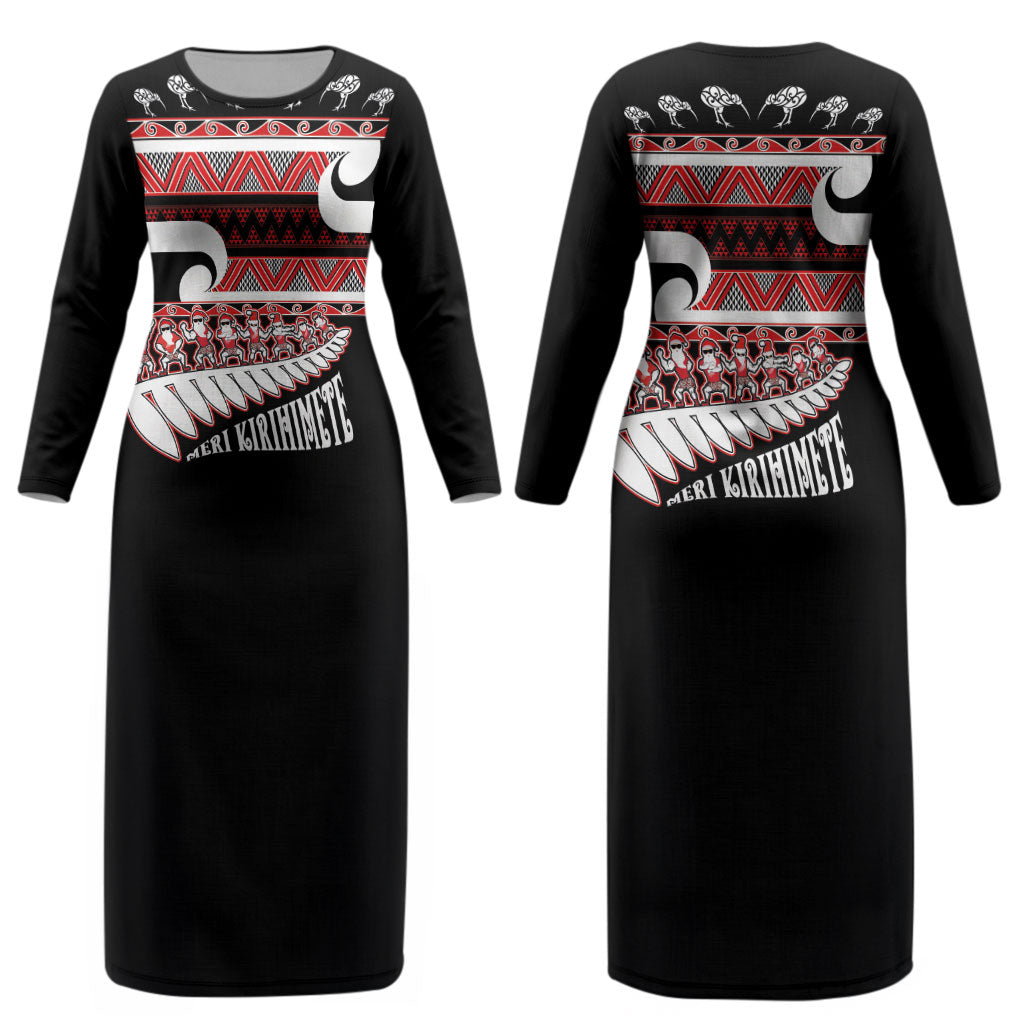 New Zealand Christmas Couples Matching Long Sleeve Bodycon Dress and Long Sleeve Button Shirt Funny Santa Claus Haka Dance with Tukutuku LT03 - Polynesian Pride