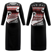 New Zealand Christmas Couples Matching Long Sleeve Bodycon Dress and Long Sleeve Button Shirt Funny Santa Claus Haka Dance with Tukutuku LT03 - Polynesian Pride