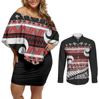 New Zealand Christmas Couples Matching Off Shoulder Short Dress and Long Sleeve Button Shirt Funny Santa Claus Haka Dance with Tukutuku LT03 Multicolor - Polynesian Pride