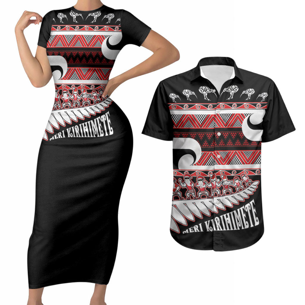 New Zealand Christmas Couples Matching Short Sleeve Bodycon Dress and Hawaiian Shirt Funny Santa Claus Haka Dance with Tukutuku LT03 Multicolor - Polynesian Pride