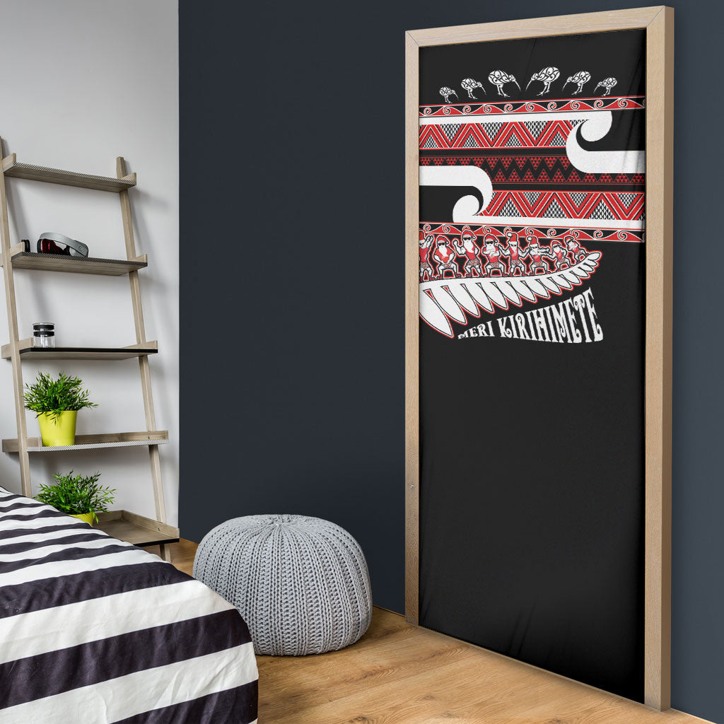 New Zealand Christmas Door Cover Funny Santa Claus Haka Dance with Tukutuku LT03 - Polynesian Pride