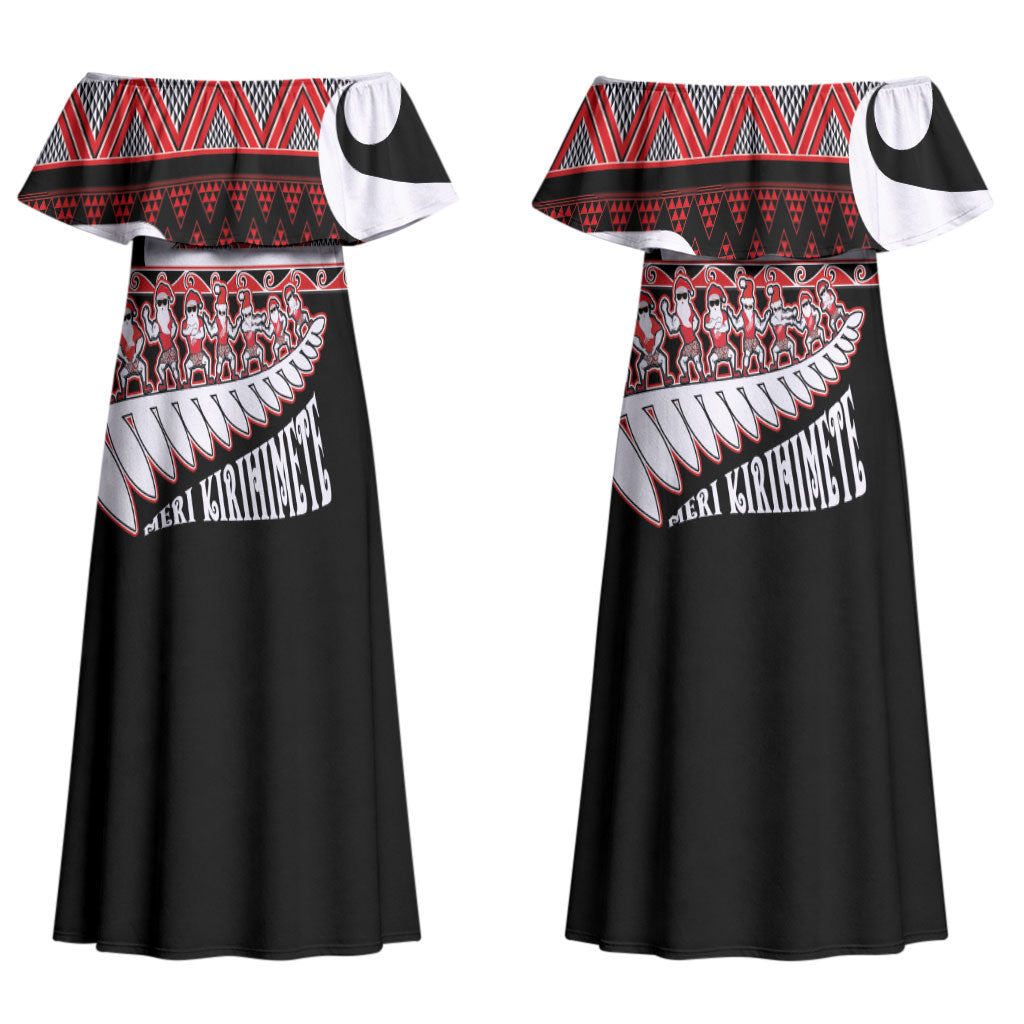 New Zealand Christmas Family Matching Off Shoulder Maxi Dress and Hawaiian Shirt Funny Santa Claus Haka Dance with Tukutuku LT03 Mom's Dress Multicolor - Polynesian Pride