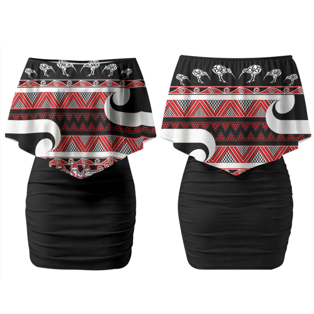 New Zealand Christmas Family Matching Off Shoulder Short Dress and Hawaiian Shirt Funny Santa Claus Haka Dance with Tukutuku LT03 Mom's Dress Multicolor - Polynesian Pride
