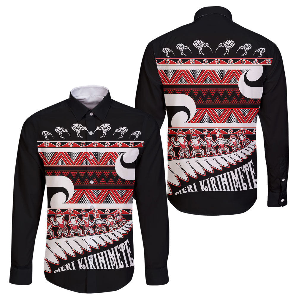 New Zealand Christmas Family Matching Puletasi and Hawaiian Shirt Funny Santa Claus Haka Dance with Tukutuku LT03 Dad's Shirt - Long Sleeve Multicolor - Polynesian Pride