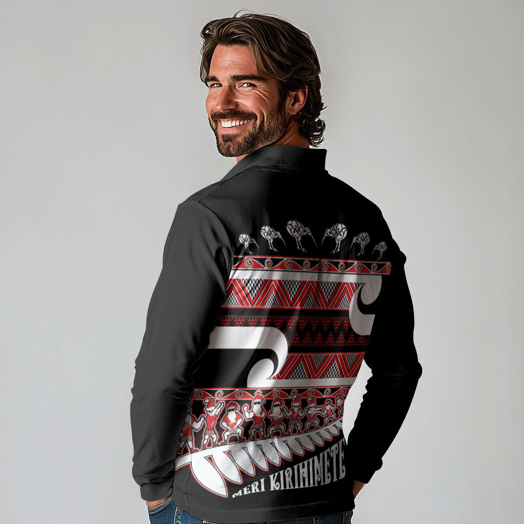 New Zealand Christmas Long Sleeve Polo Shirt Funny Santa Claus Haka Dance with Tukutuku