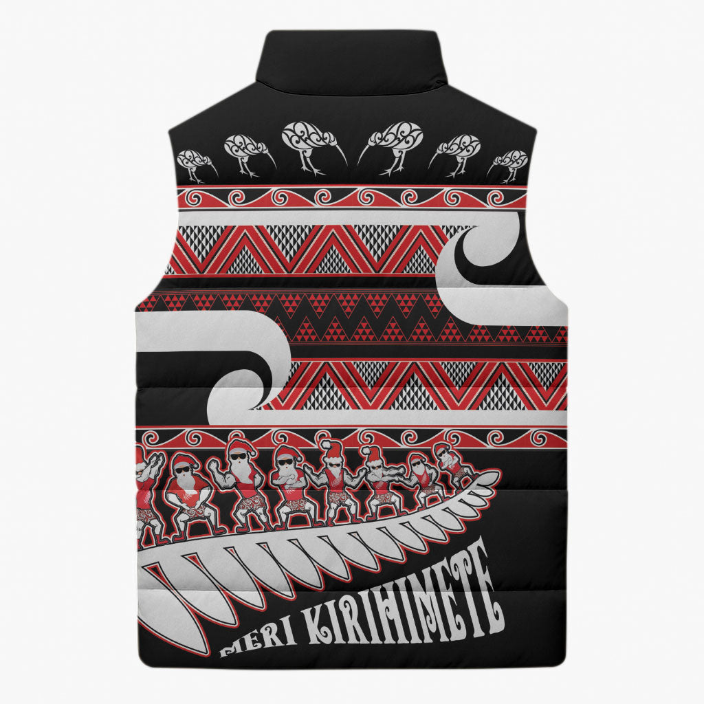 New Zealand Christmas Sleeveless Puffer Jacket Funny Santa Claus Haka Dance with Tukutuku