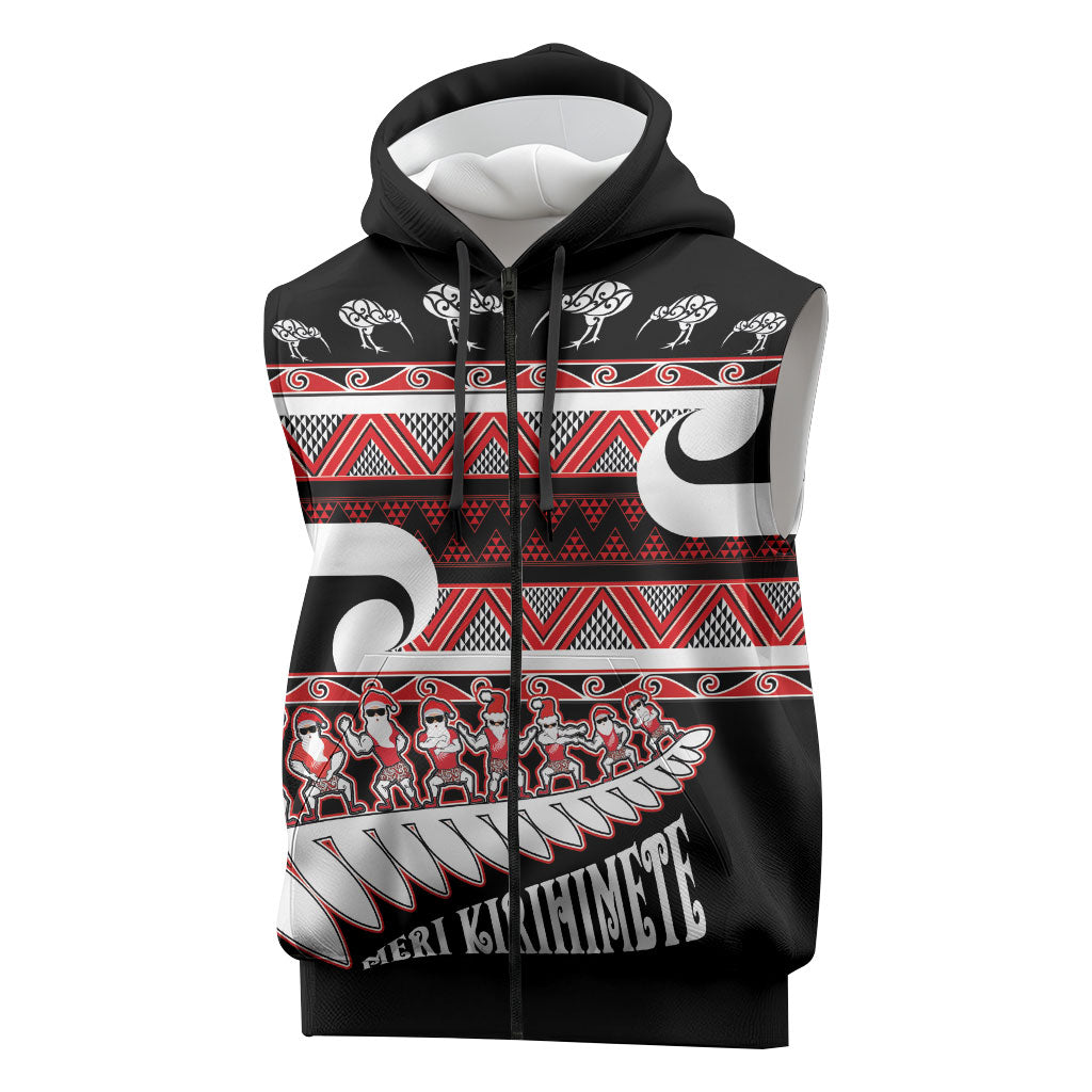 New Zealand Christmas Sleeveless Zip Hoodie Funny Santa Claus Haka Dance with Tukutuku LT03 Multicolor - Polynesian Pride