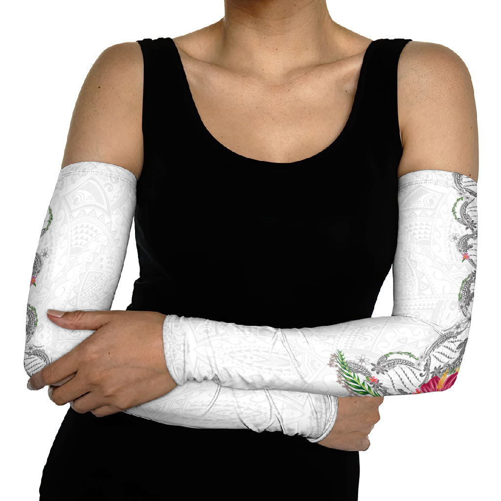 Hawaii DNA Kakau Tattoo Arm Sleeves with Plumeria and Hibiscus Tropical Plants White Color LT03 - Polynesian Pride
