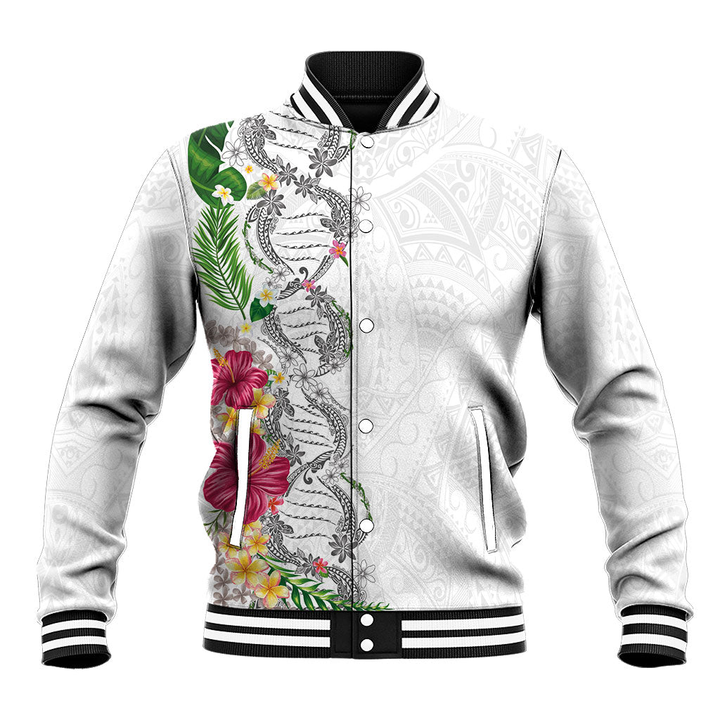 Hawaii DNA Kakau Tattoo Baseball Jacket with Plumeria and Hibiscus Tropical Plants White Color LT03 Unisex White - Polynesian Pride