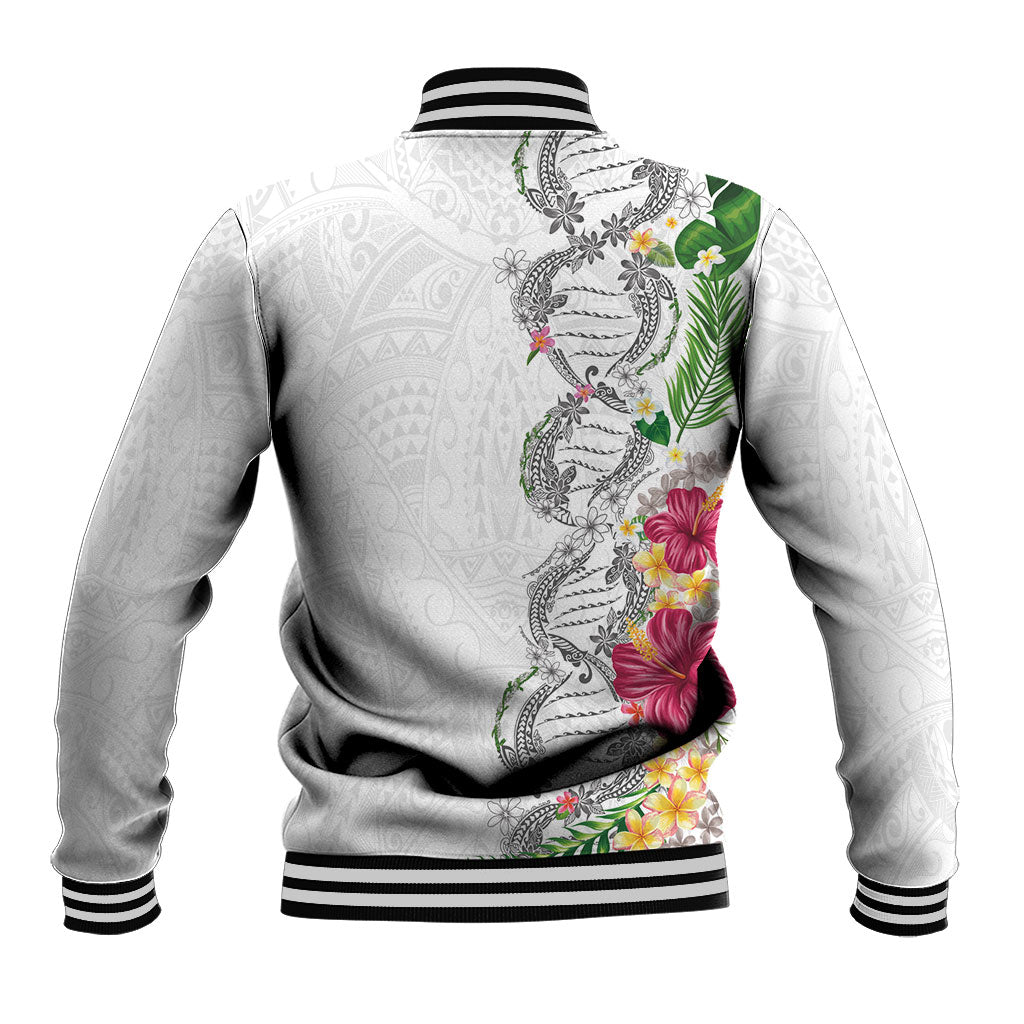 Hawaii DNA Kakau Tattoo Baseball Jacket with Plumeria and Hibiscus Tropical Plants White Color