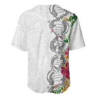 Hawaii DNA Kakau Tattoo Baseball Jersey with Plumeria and Hibiscus Tropical Plants White Color