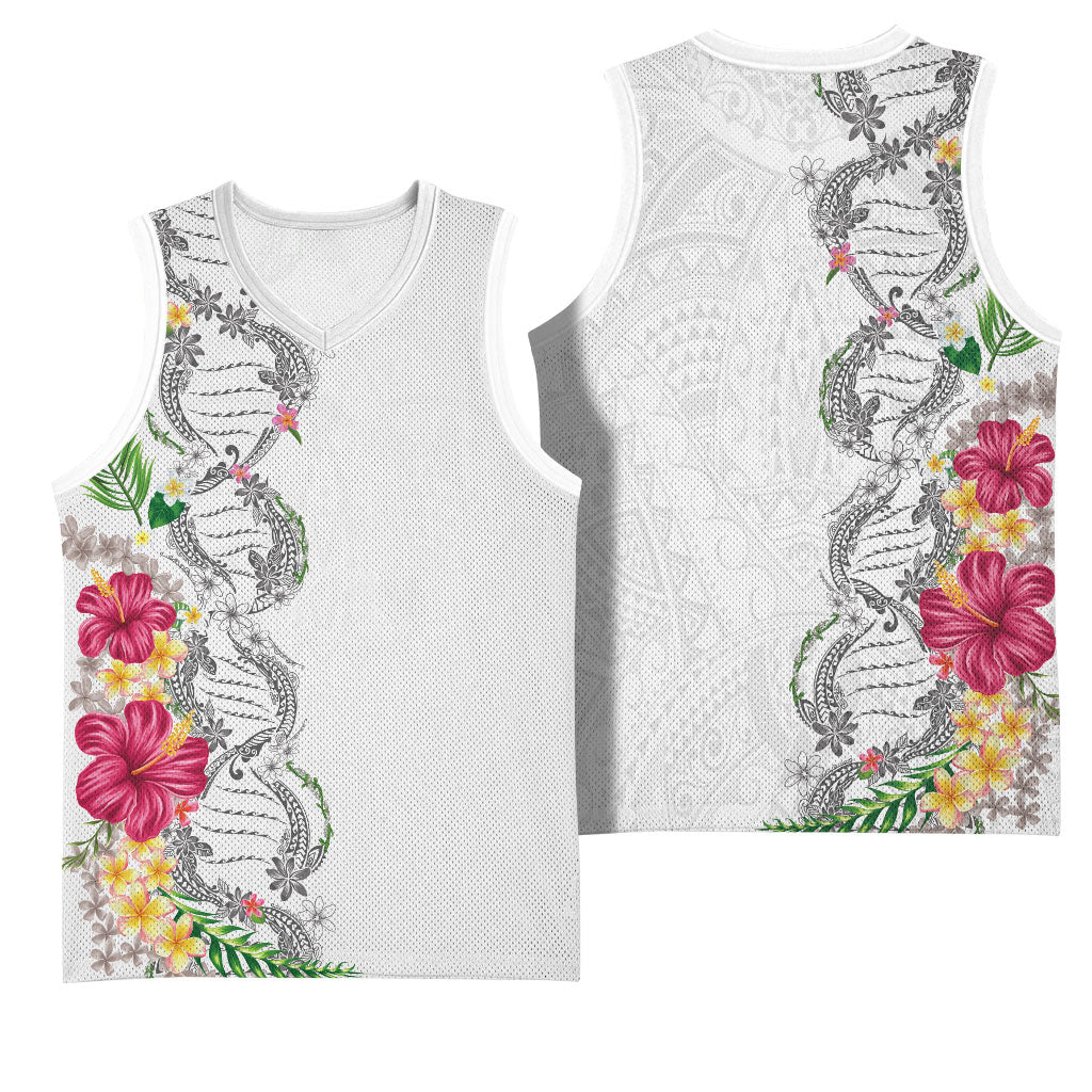 Hawaii DNA Kakau Tattoo Basketball Jersey with Plumeria and Hibiscus Tropical Plants White Color