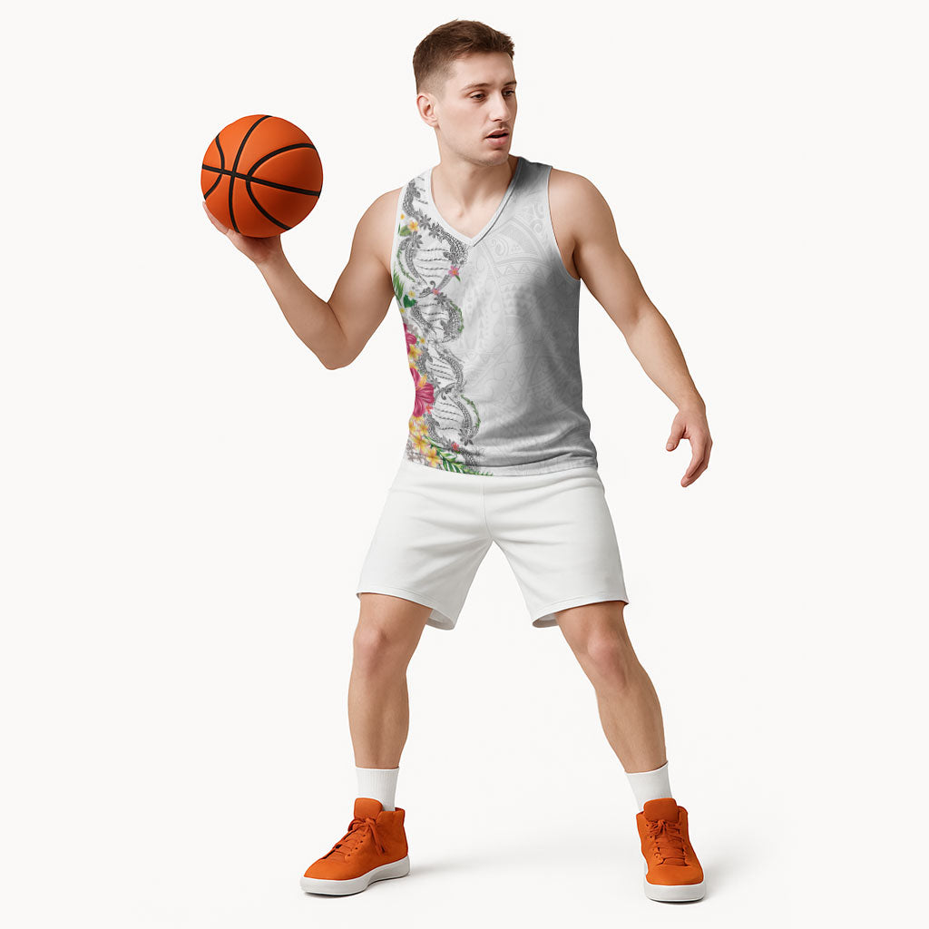 Hawaii DNA Kakau Tattoo Basketball Jersey with Plumeria and Hibiscus Tropical Plants White Color