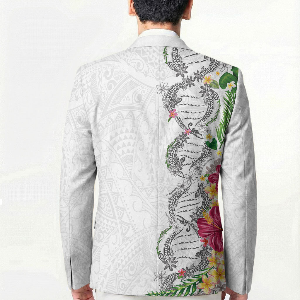 Hawaii DNA Kakau Tattoo Blazer with Plumeria and Hibiscus Tropical Plants White Color