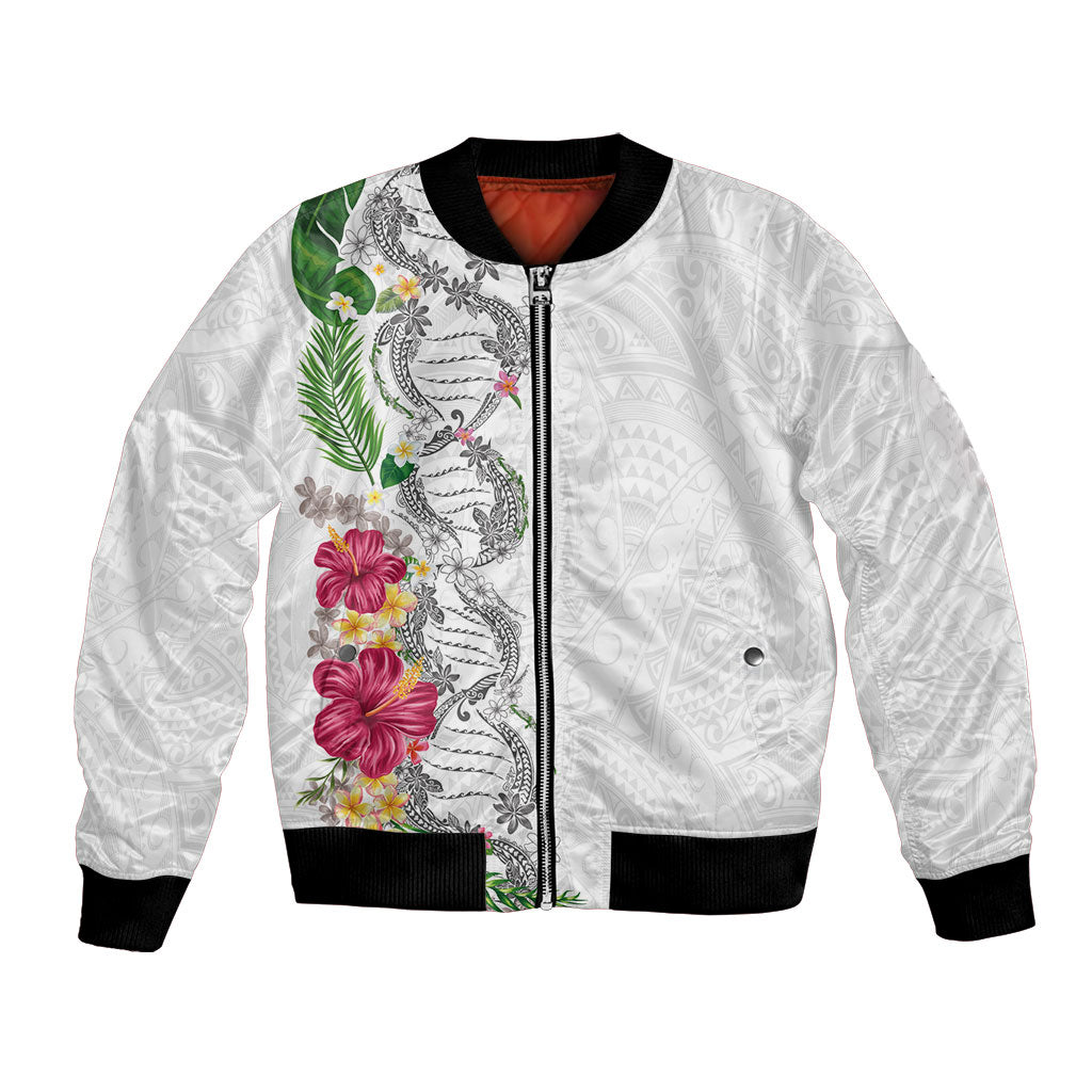 Hawaii DNA Kakau Tattoo Bomber Jacket with Plumeria and Hibiscus Tropical Plants White Color LT03 Unisex White - Polynesian Pride