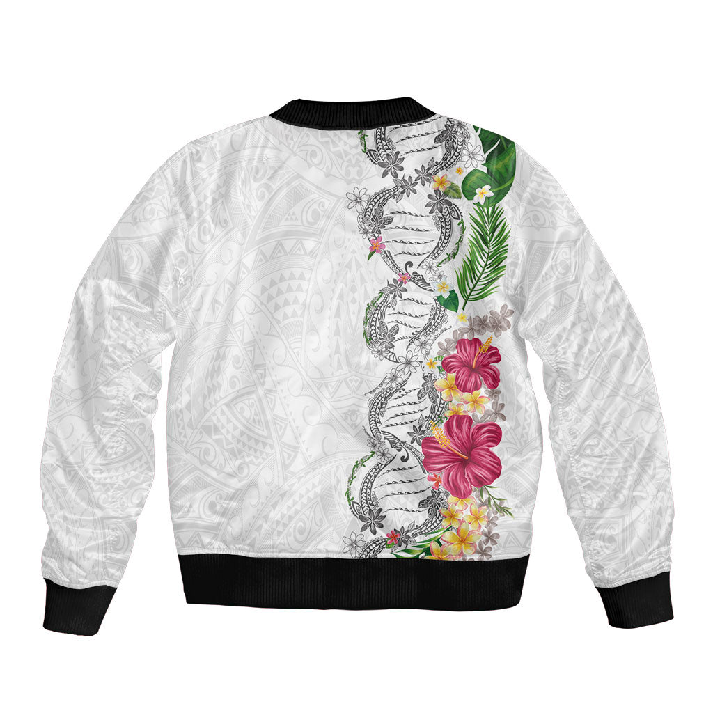 Hawaii DNA Kakau Tattoo Bomber Jacket with Plumeria and Hibiscus Tropical Plants White Color