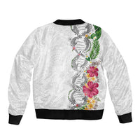 Hawaii DNA Kakau Tattoo Bomber Jacket with Plumeria and Hibiscus Tropical Plants White Color