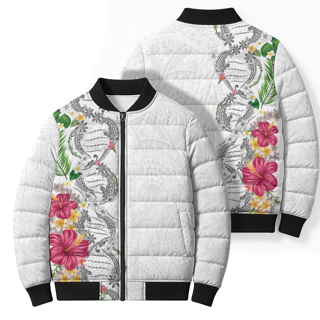 Hawaii DNA Kakau Tattoo Bomber Puffer Jacket with Plumeria and Hibiscus Tropical Plants White Color