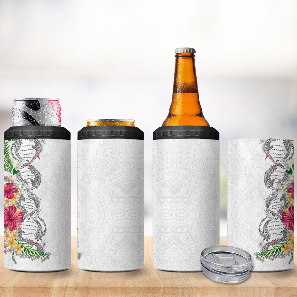 Hawaii DNA Kakau Tattoo 4 in 1 Can Cooler Tumbler with Plumeria and Hibiscus Tropical Plants White Color LT03 - Polynesian Pride
