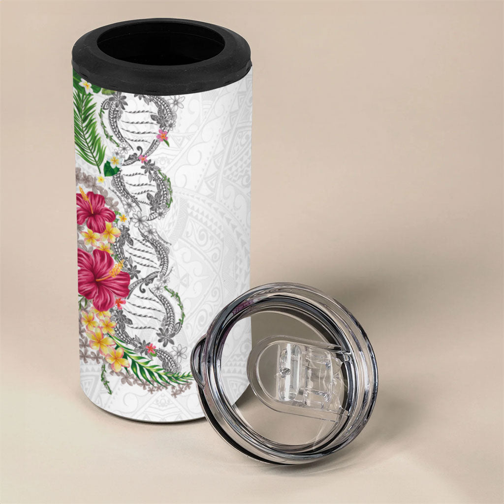 Hawaii DNA Kakau Tattoo 4 in 1 Can Cooler Tumbler with Plumeria and Hibiscus Tropical Plants White Color LT03 - Polynesian Pride