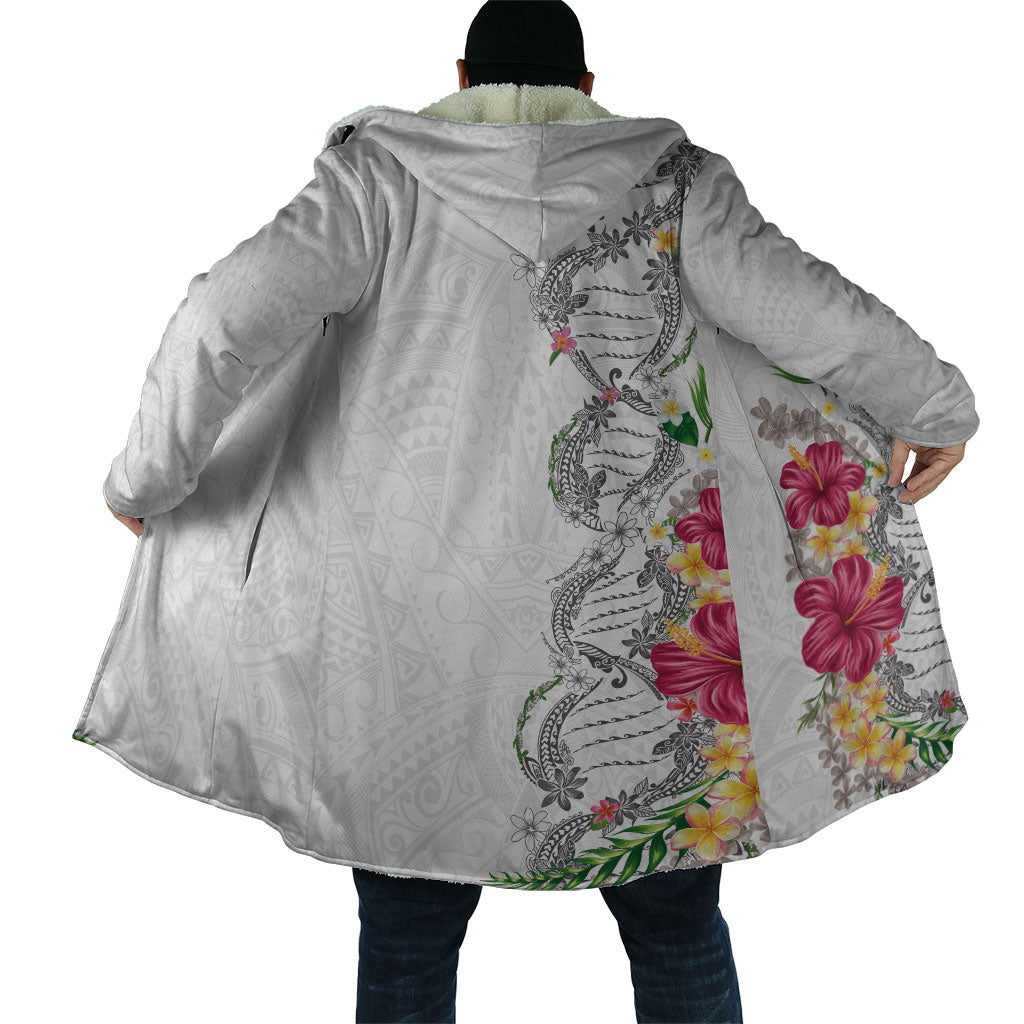 Hawaii DNA Kakau Tattoo Cloak with Plumeria and Hibiscus Tropical Plants White Color