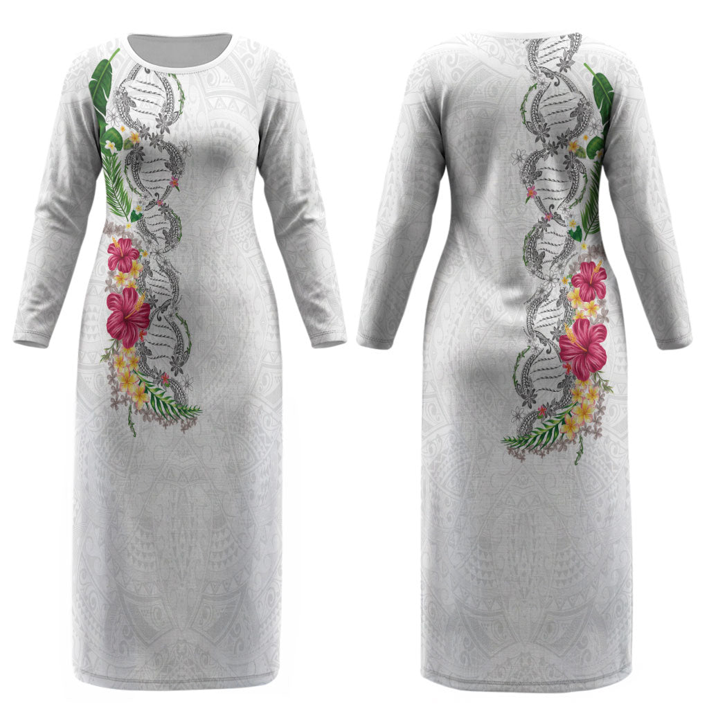 Hawaii DNA Kakau Tattoo Couples Matching Long Sleeve Bodycon Dress and Long Sleeve Button Shirt with Plumeria and Hibiscus Tropical Plants White Color LT03 - Polynesian Pride