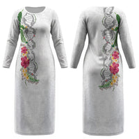 Hawaii DNA Kakau Tattoo Couples Matching Long Sleeve Bodycon Dress and Long Sleeve Button Shirt with Plumeria and Hibiscus Tropical Plants White Color LT03 - Polynesian Pride