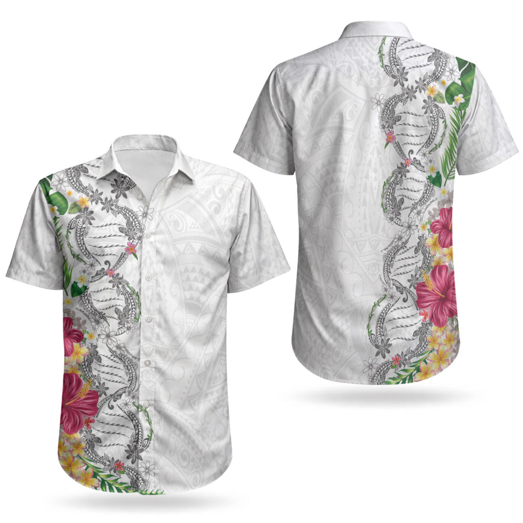 Hawaii DNA Kakau Tattoo Couples Matching Mermaid Dress and Hawaiian Shirt with Plumeria and Hibiscus Tropical Plants White Color LT03 - Polynesian Pride