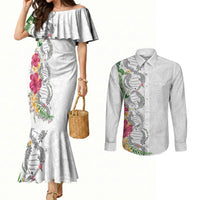 Hawaii DNA Kakau Tattoo Couples Matching Mermaid Dress and Long Sleeve Button Shirt with Plumeria and Hibiscus Tropical Plants White Color LT03 White - Polynesian Pride