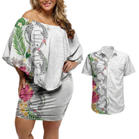 Hawaii DNA Kakau Tattoo Couples Matching Off Shoulder Short Dress and Hawaiian Shirt with Plumeria and Hibiscus Tropical Plants White Color LT03 White - Polynesian Pride