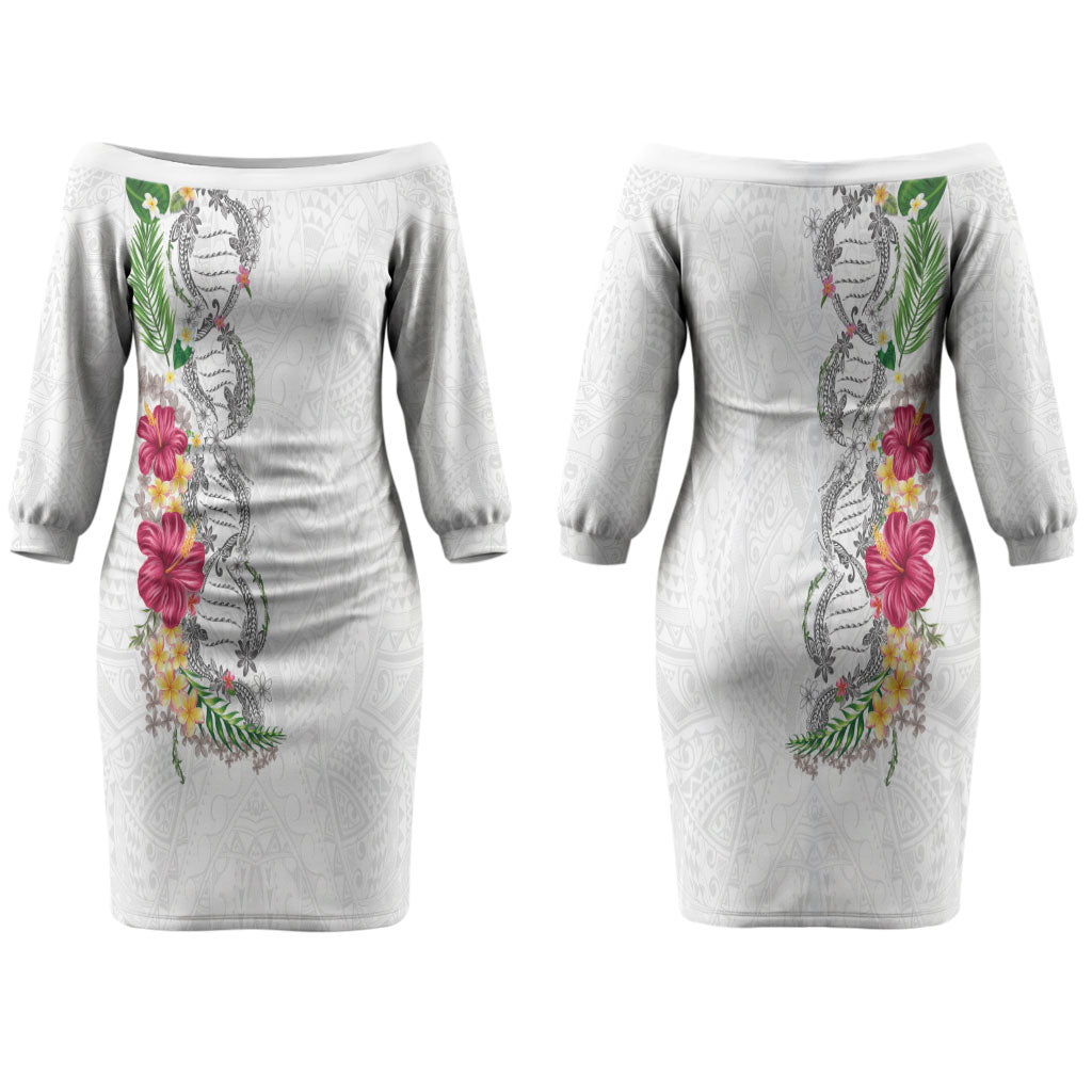 Hawaii DNA Kakau Tattoo Couples Matching Off The Shoulder Long Sleeve Dress and Hawaiian Shirt with Plumeria and Hibiscus Tropical Plants White Color
