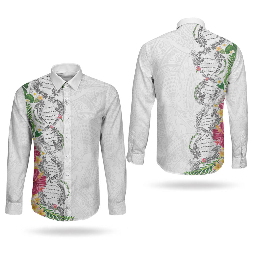 Hawaii DNA Kakau Tattoo Couples Matching Off The Shoulder Long Sleeve Dress and Long Sleeve Button Shirt with Plumeria and Hibiscus Tropical Plants White Color LT03 - Polynesian Pride