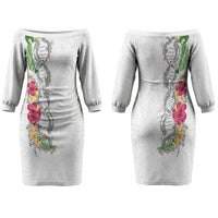 Hawaii DNA Kakau Tattoo Couples Matching Off The Shoulder Long Sleeve Dress and Long Sleeve Button Shirt with Plumeria and Hibiscus Tropical Plants White Color LT03 - Polynesian Pride