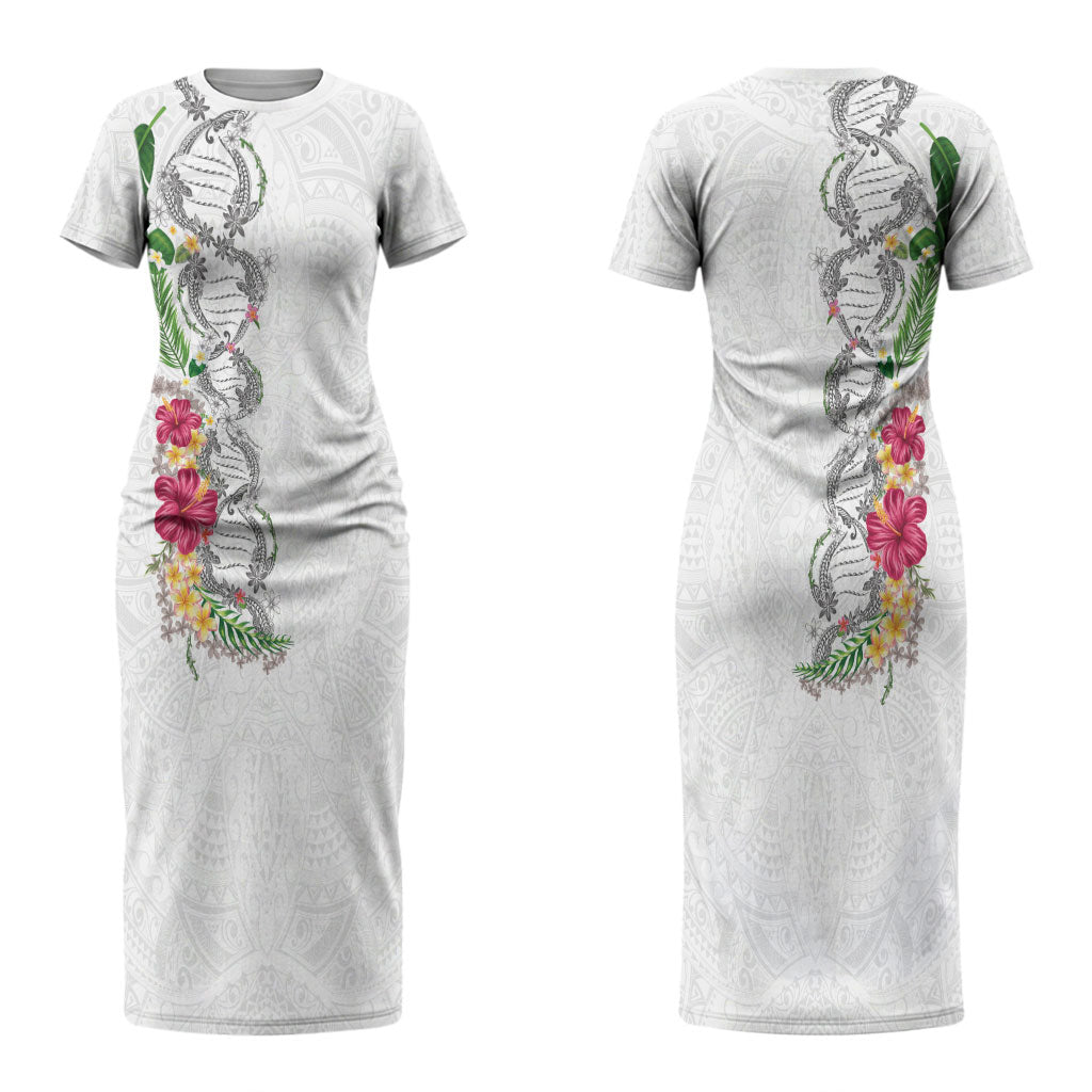Hawaii DNA Kakau Tattoo Couples Matching Short Sleeve Bodycon Dress and Long Sleeve Button Shirt with Plumeria and Hibiscus Tropical Plants White Color LT03 - Polynesian Pride
