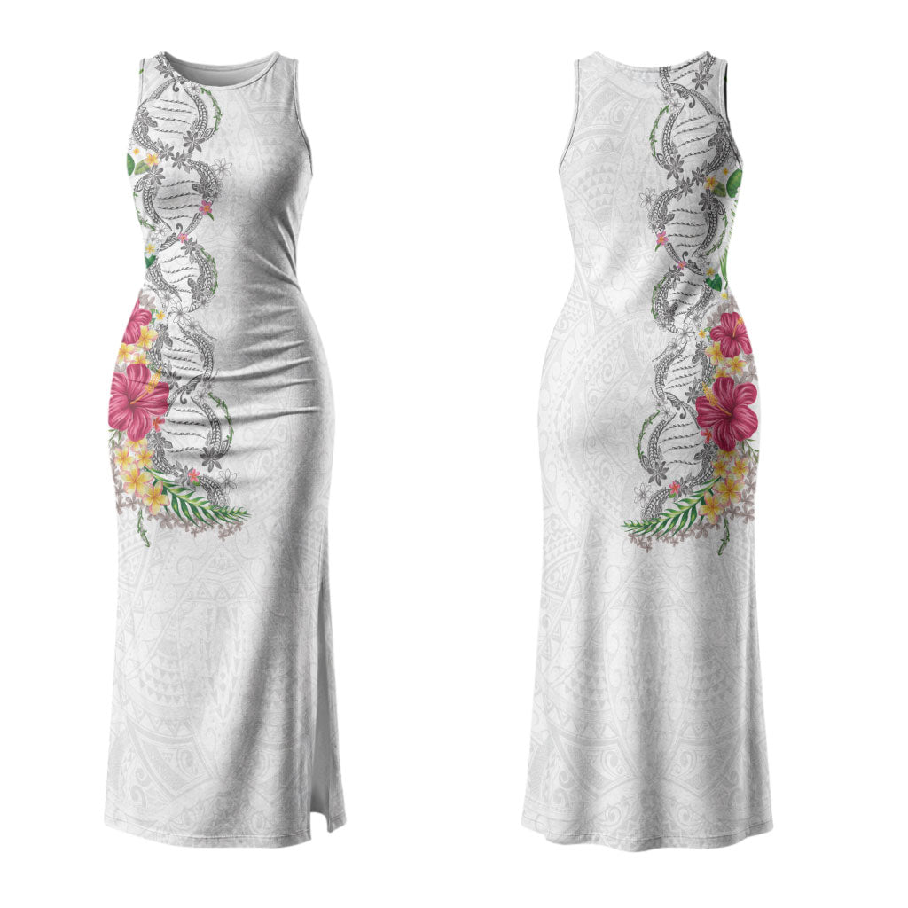 Hawaii DNA Kakau Tattoo Couples Matching Tank Maxi Dress and Hawaiian Shirt with Plumeria and Hibiscus Tropical Plants White Color LT03 - Polynesian Pride