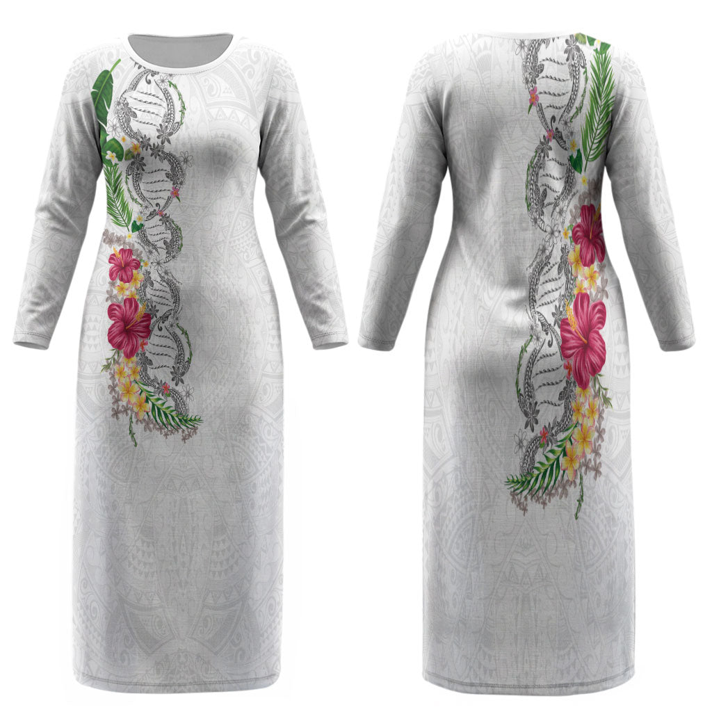 Hawaii DNA Kakau Tattoo Family Matching Long Sleeve Bodycon Dress and Hawaiian Shirt with Plumeria and Hibiscus Tropical Plants White Color LT03 Mom's Dress White - Polynesian Pride