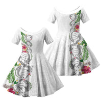 Hawaii DNA Kakau Tattoo Family Matching Mermaid Dress and Hawaiian Shirt with Plumeria and Hibiscus Tropical Plants White Color LT03 Daughter's Dress White - Polynesian Pride