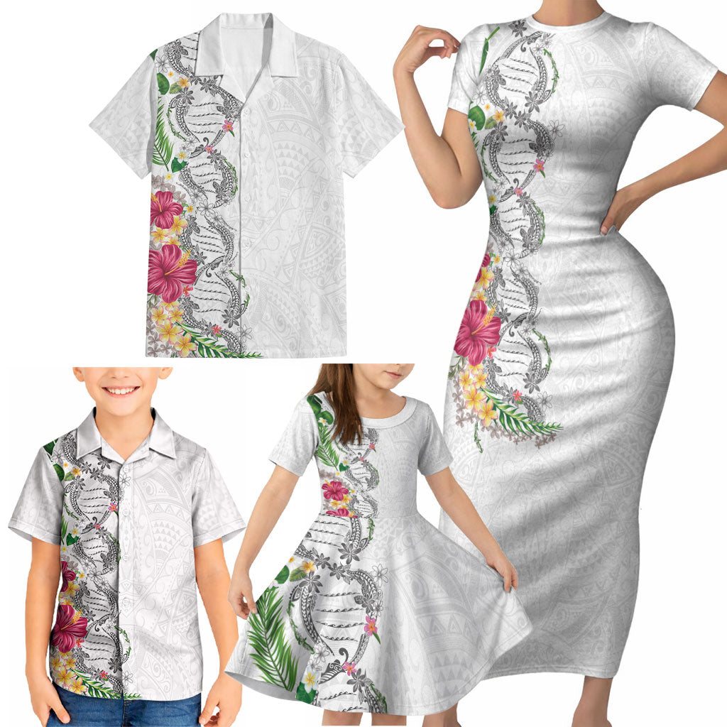 Hawaii DNA Kakau Tattoo Family Matching Short Sleeve Bodycon Dress and Hawaiian Shirt with Plumeria and Hibiscus Tropical Plants White Color LT03 - Polynesian Pride