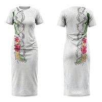 Hawaii DNA Kakau Tattoo Family Matching Short Sleeve Bodycon Dress and Hawaiian Shirt with Plumeria and Hibiscus Tropical Plants White Color LT03 Mom's Dress White - Polynesian Pride