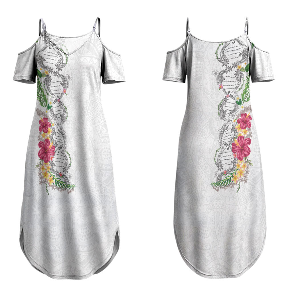 Hawaii DNA Kakau Tattoo Family Matching Summer Maxi Dress and Hawaiian Shirt with Plumeria and Hibiscus Tropical Plants White Color LT03 Mom's Dress White - Polynesian Pride