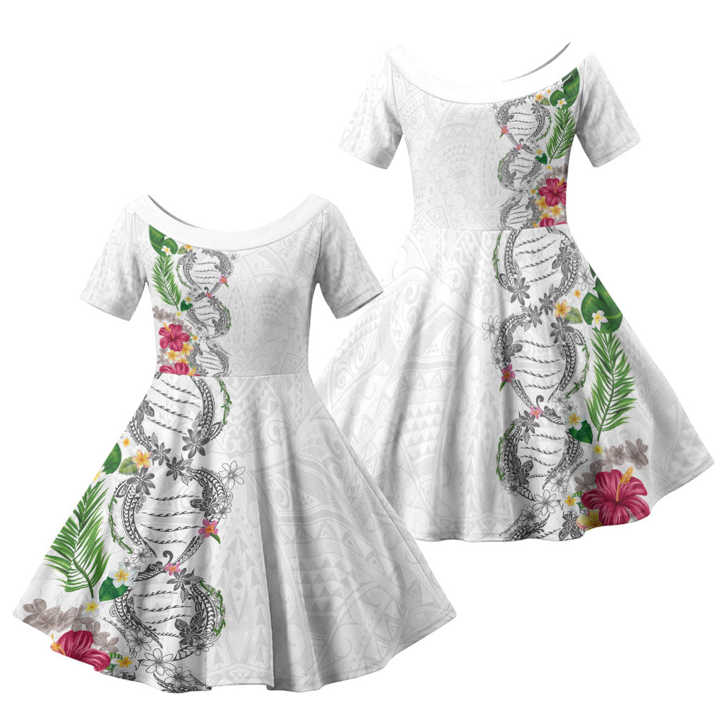 Hawaii DNA Kakau Tattoo Family Matching Summer Maxi Dress and Hawaiian Shirt with Plumeria and Hibiscus Tropical Plants White Color LT03 Daughter's Dress White - Polynesian Pride