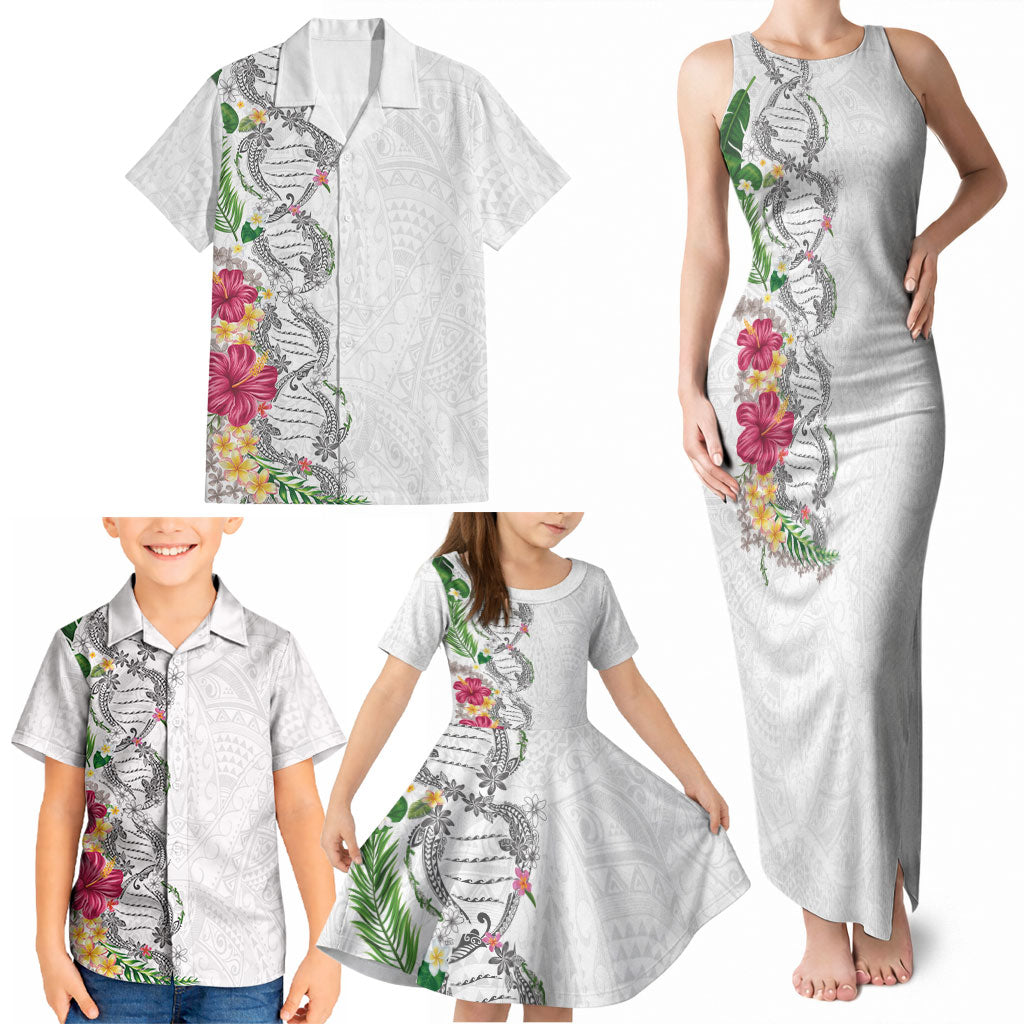 Hawaii DNA Kakau Tattoo Family Matching Tank Maxi Dress and Hawaiian Shirt with Plumeria and Hibiscus Tropical Plants White Color