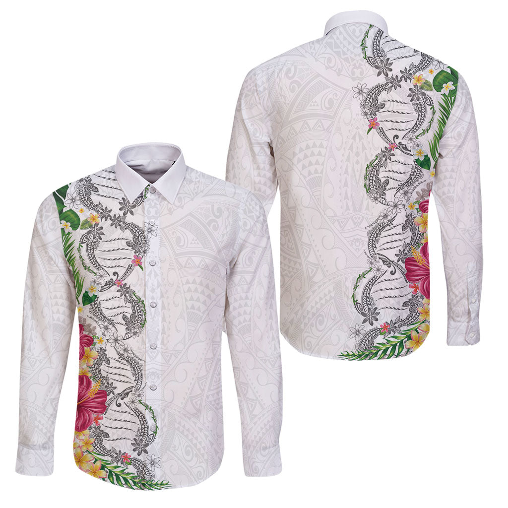 Hawaii DNA Kakau Tattoo Family Matching Tank Maxi Dress and Hawaiian Shirt with Plumeria and Hibiscus Tropical Plants White Color LT03 Dad's Shirt - Long Sleeve White - Polynesian Pride